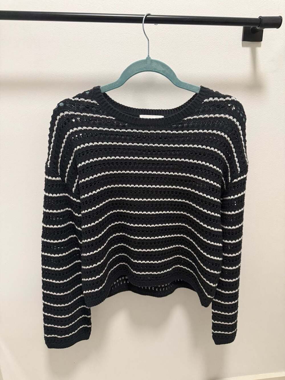 Bella Dahl Navy and White Striped Cotton Silk Open Knit Crew Neck Sweater